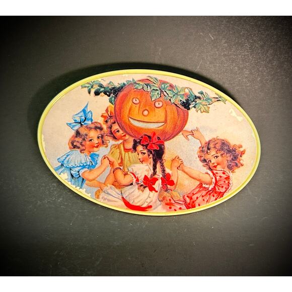 Oval Candy Gift Boxes VTG Plastic - Nostalgic MCM Graphics Set of 2, Made In USA - Picture 2 of 8